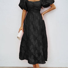 Black off-shoulder midi summer dress with puff sleeves and ruched bodice