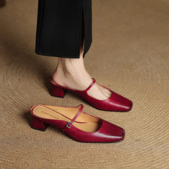 Red genuine leather mules with block heel and slingback strap