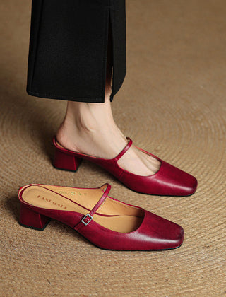 Red genuine leather mules with block heel and slingback strap