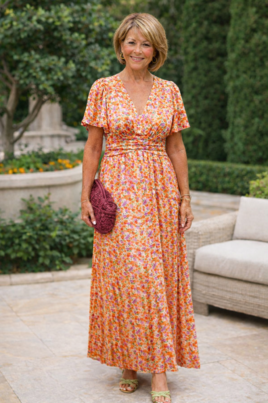Orange floral summer dress with short sleeves, V-neck, and gathered waist