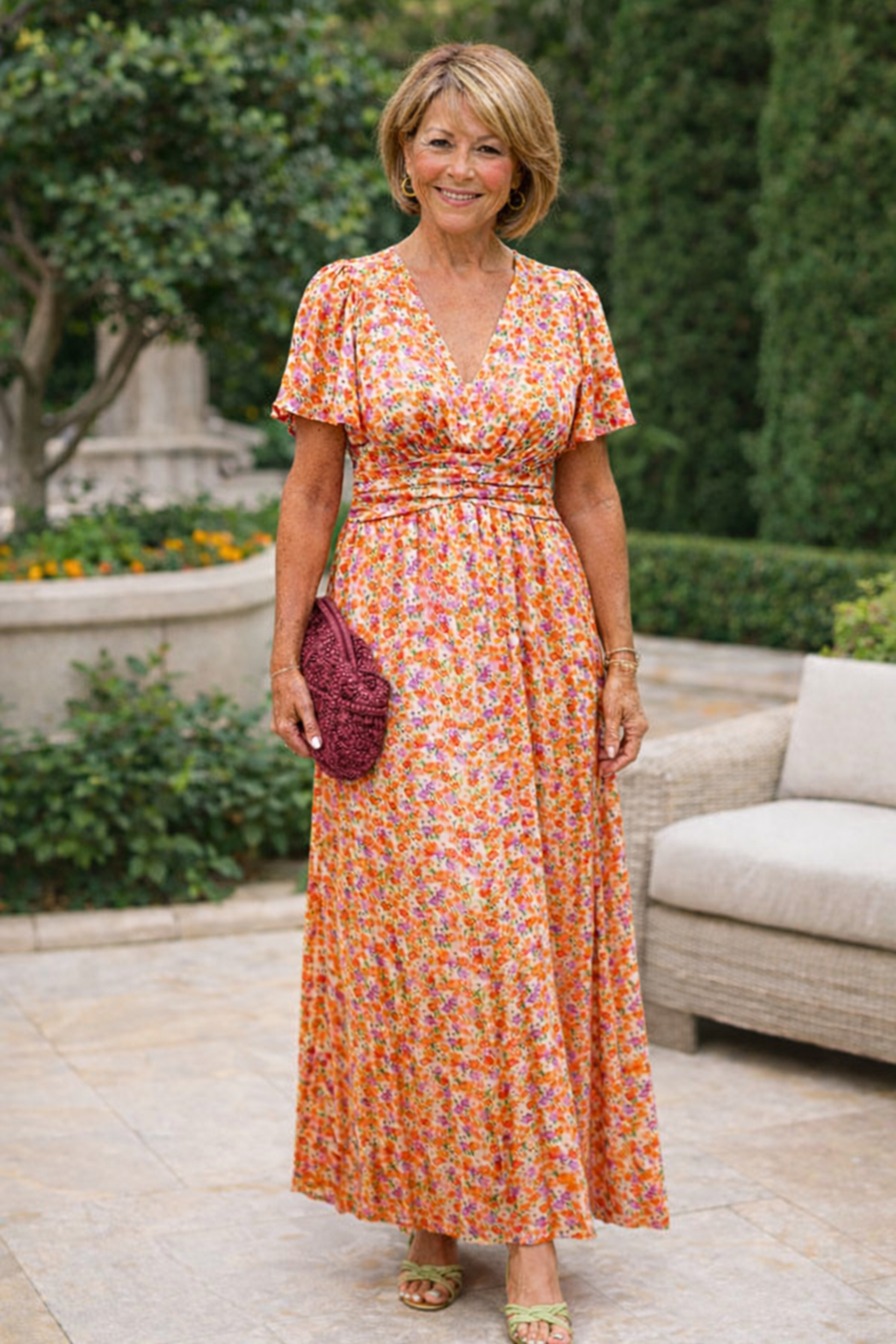 Orange floral summer dress with short sleeves, V-neck, and gathered waist