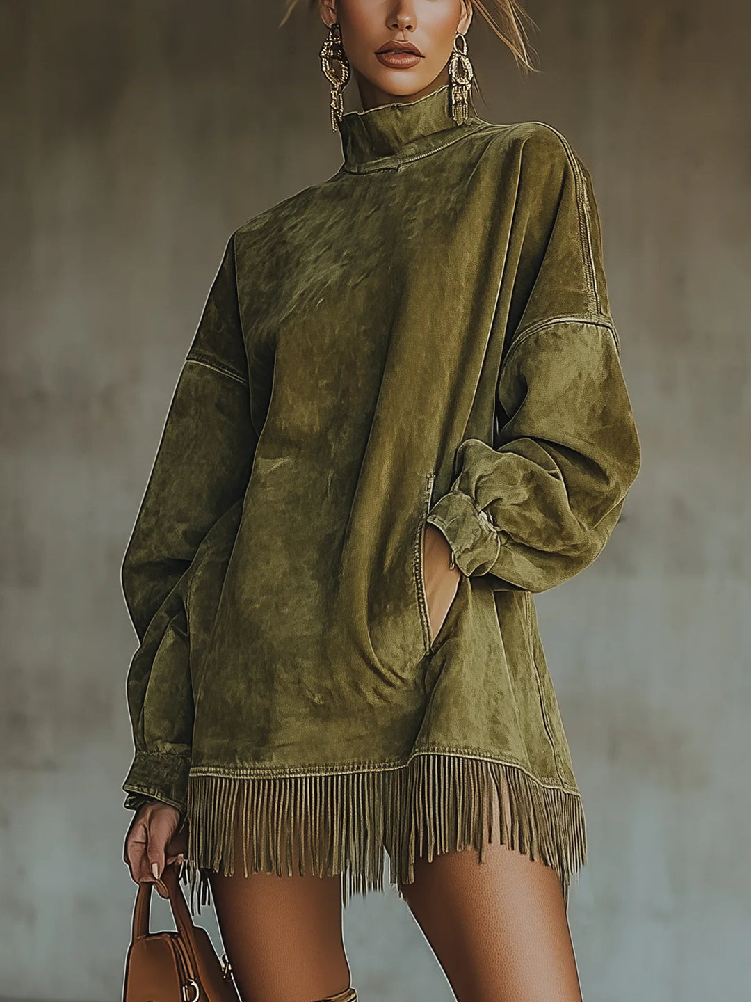 Green suede fringe dress with long sleeves and high neck