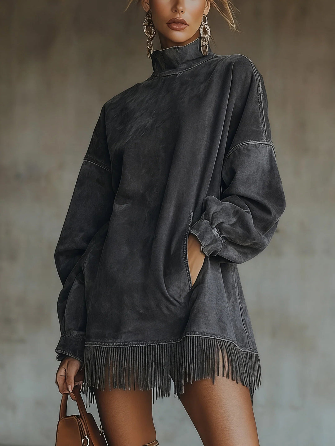 Dark gray suede fringe dress with long sleeves and high neck