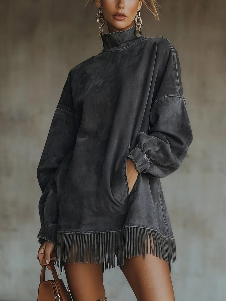 Dark gray suede fringe dress with long sleeves and high neck