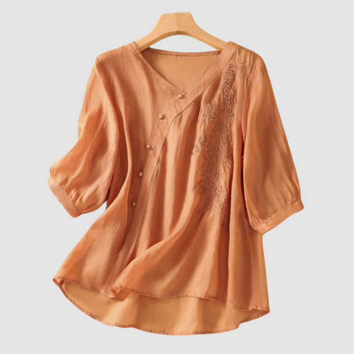 Peach breathable V-neck button blouse with embroidered front panel and half sleeves