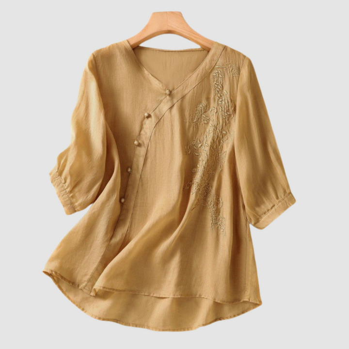 Light gold breathable V-neck button blouse with embroidered front panel and elbow-length sleeves