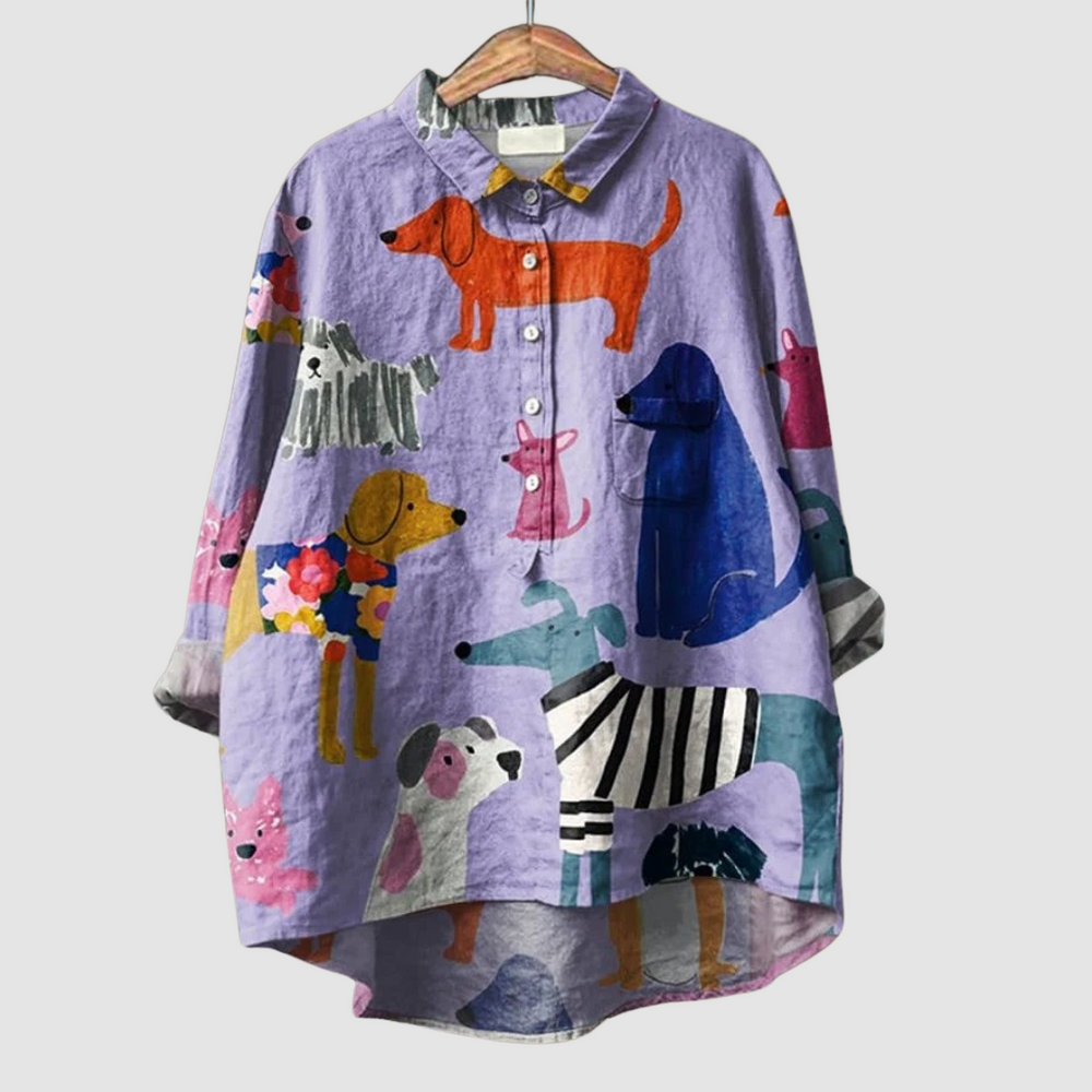 Lavender dog-printed loose shirt on hanger, long sleeves, button front, multicolor pups