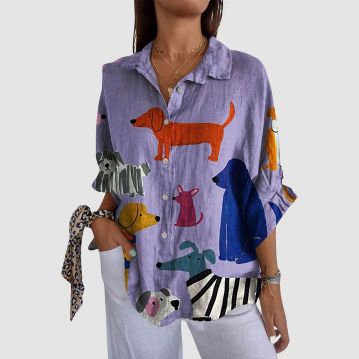 Purple dog-printed loose button-up shirt with collar and short sleeves