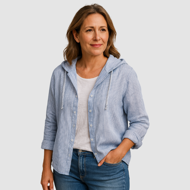 Light blue breathable hooded button-up blouse with long sleeves