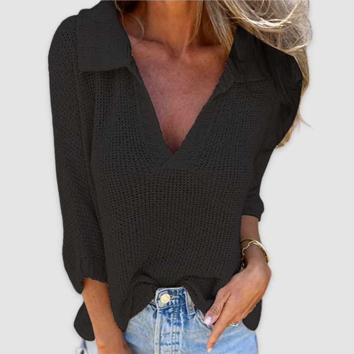 Black textured V-neck knit top with collared neckline and three-quarter sleeves