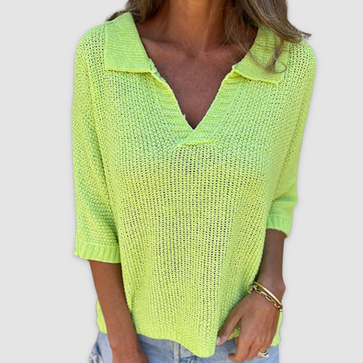 Neon green textured V-neck knit top with collared neckline and three-quarter sleeves