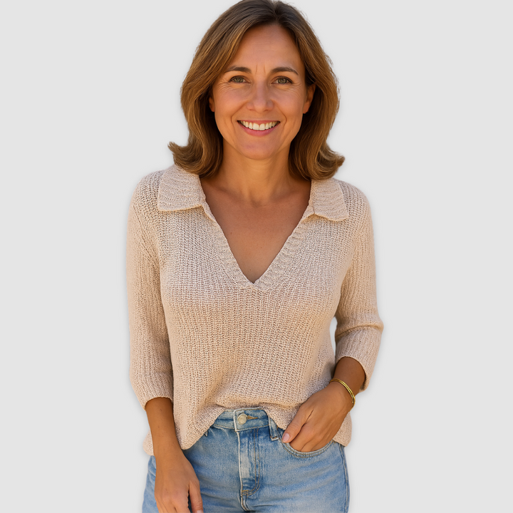 Beige V-neck knit top with textured weave and three-quarter sleeves