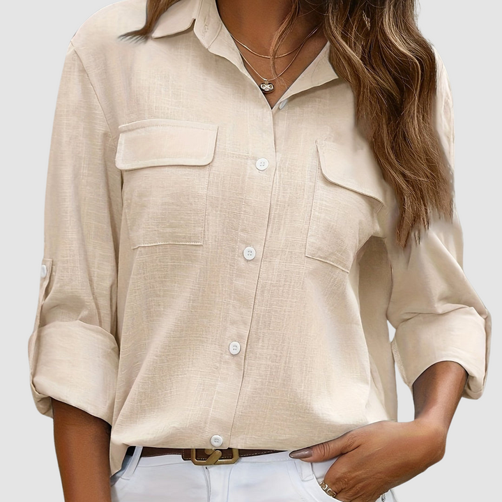 Apricot pocket blouse with button-front and two chest patch pockets
