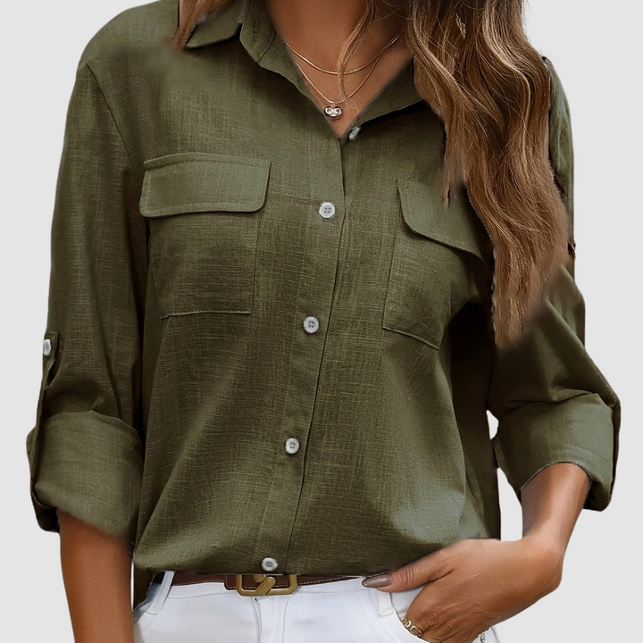 Women's olive button-up blouse with chest flap pockets and long sleeves