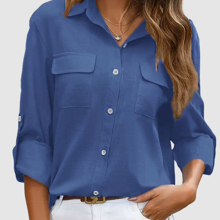 Blue pocket blouse with button-front and two chest patch pockets