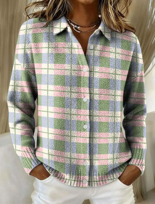Margot pastel plaid button cardigan with long sleeves and front buttons