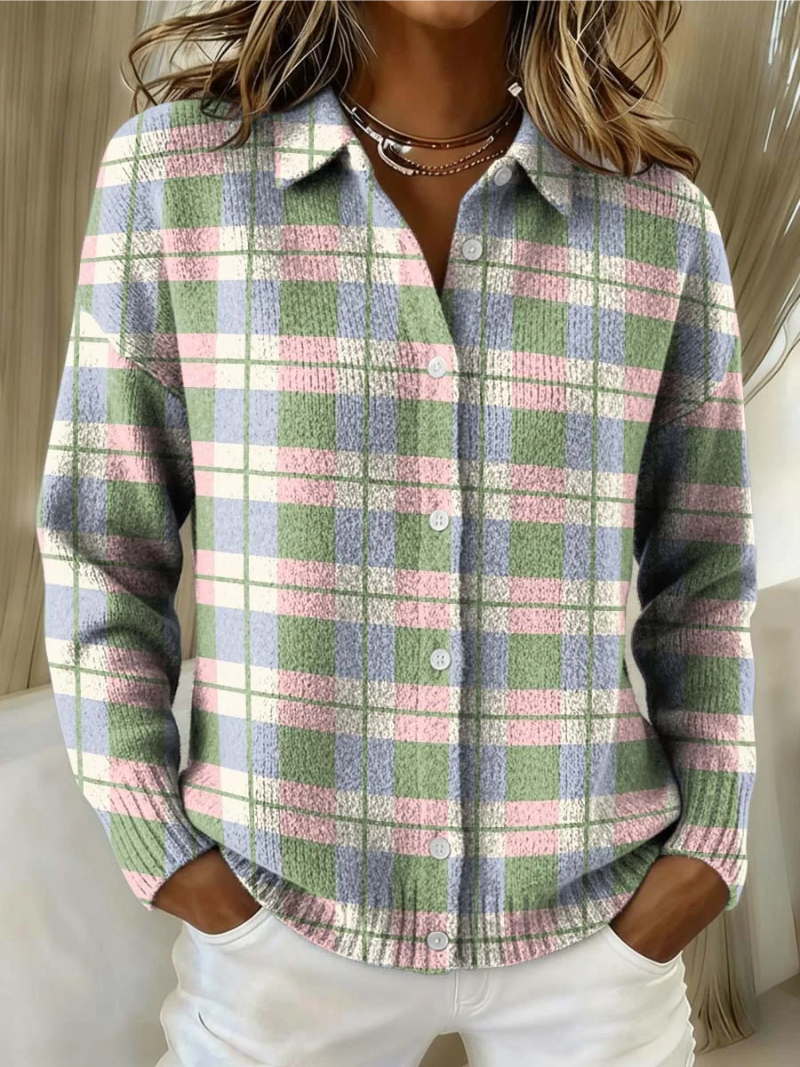 Margot pastel plaid button cardigan with long sleeves and front buttons
