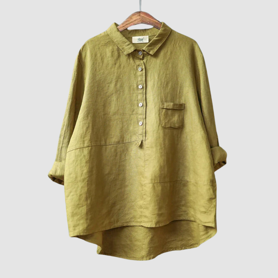 Yellow-green breathable button-front blouse with collar and chest pocket