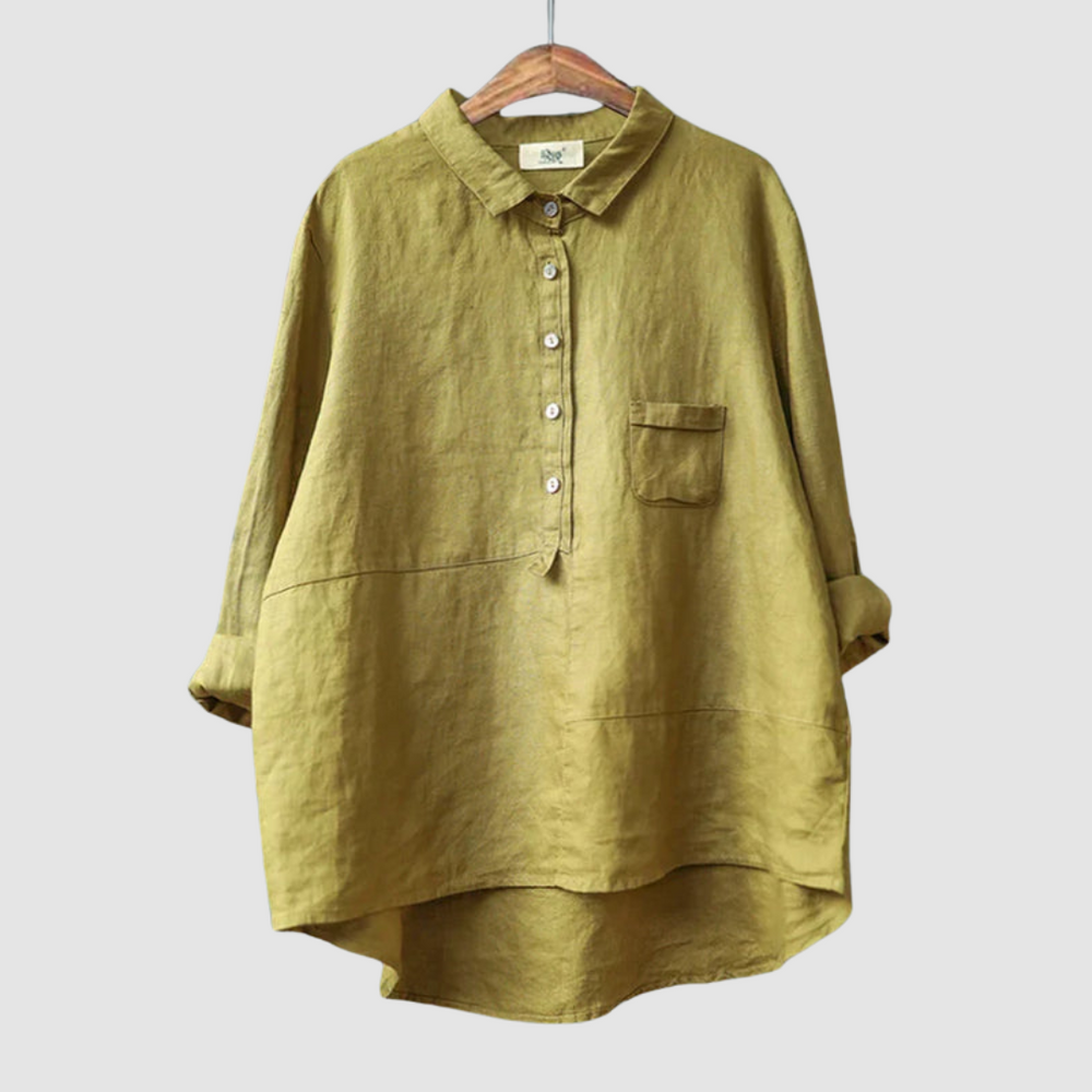Timeless breathable blouse in yellow, button-front top with point collar and chest pocket