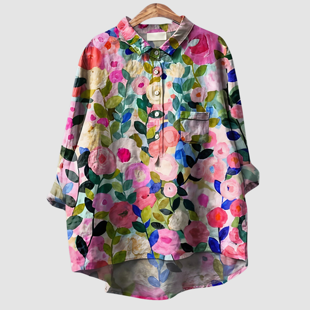 Pink and multicolor floral button-up blouse with collar and chest pocket