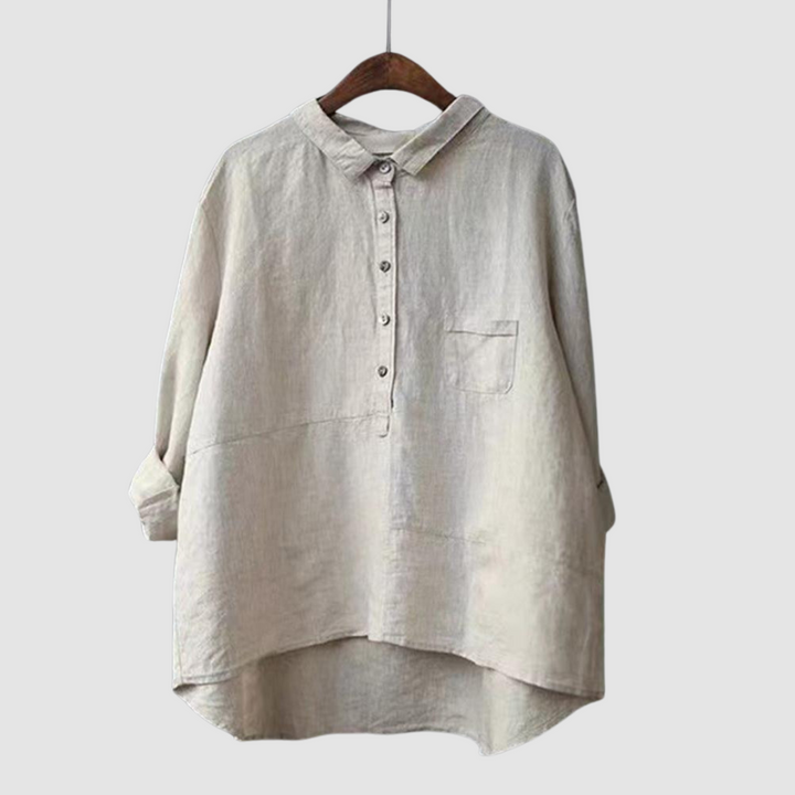 Light gray breathable button-front blouse with collar and chest pocket