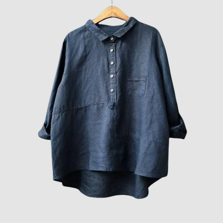 Blue breathable button-front blouse with collar and chest pocket