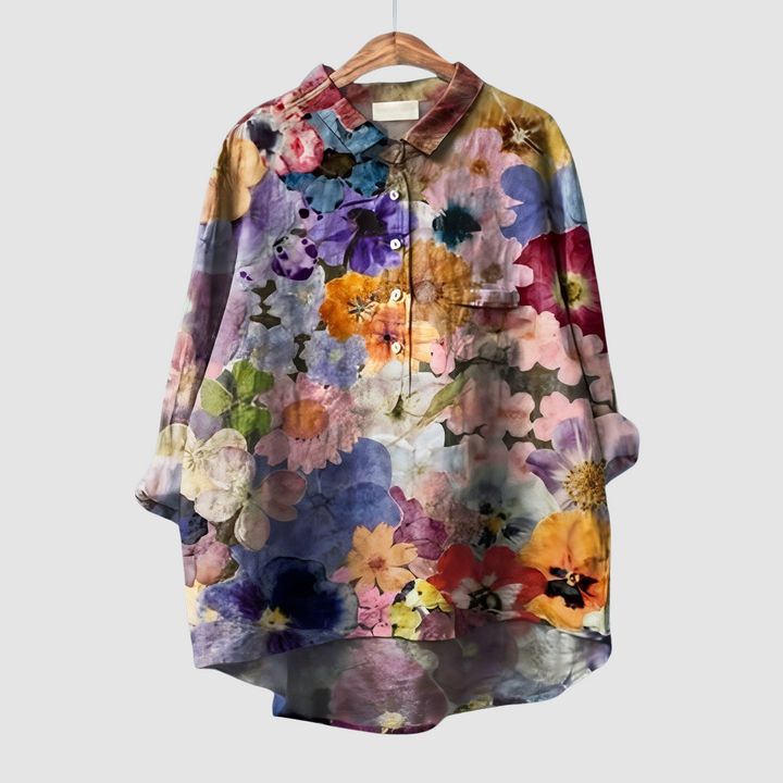 Purple and orange floral button-up blouse with collar and chest pocket