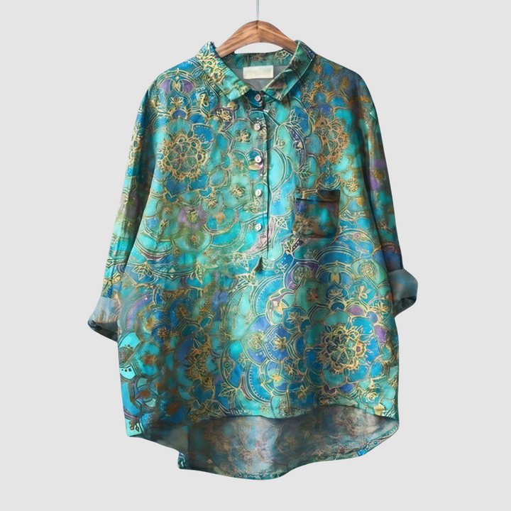 Teal and gold ornamental floral button-up blouse with collar and chest pocket