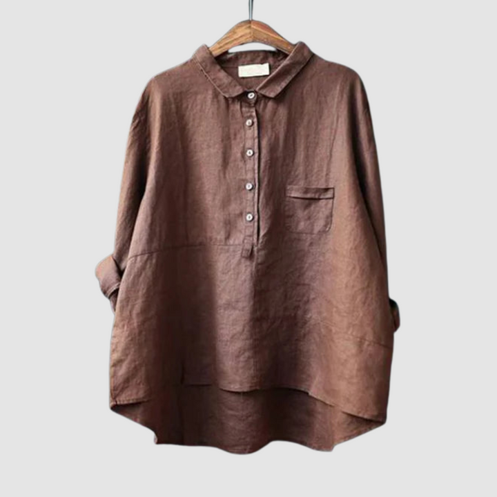 Timeless breathable blouse in brown, button-front top with point collar and chest pocket