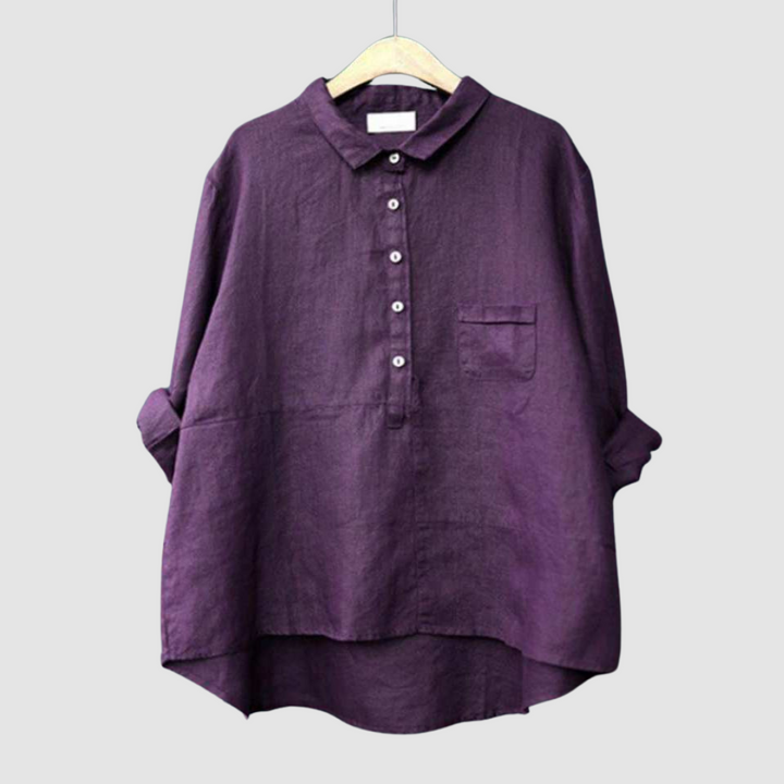 Purple breathable button-front blouse with collar and chest pocket