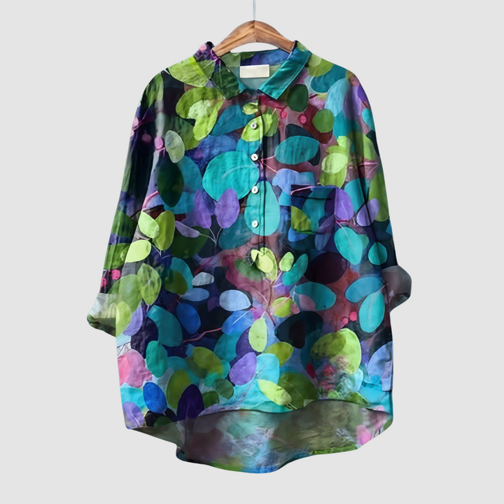 Multicolor abstract dot floral button-up blouse with pointed collar and chest pocket