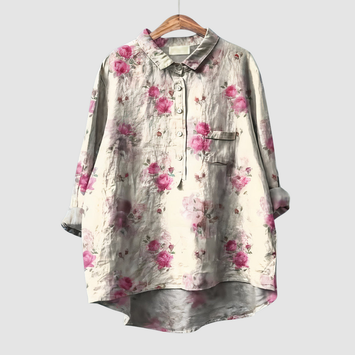 White floral print button-up blouse with pointed collar and chest pocket, magenta flowers