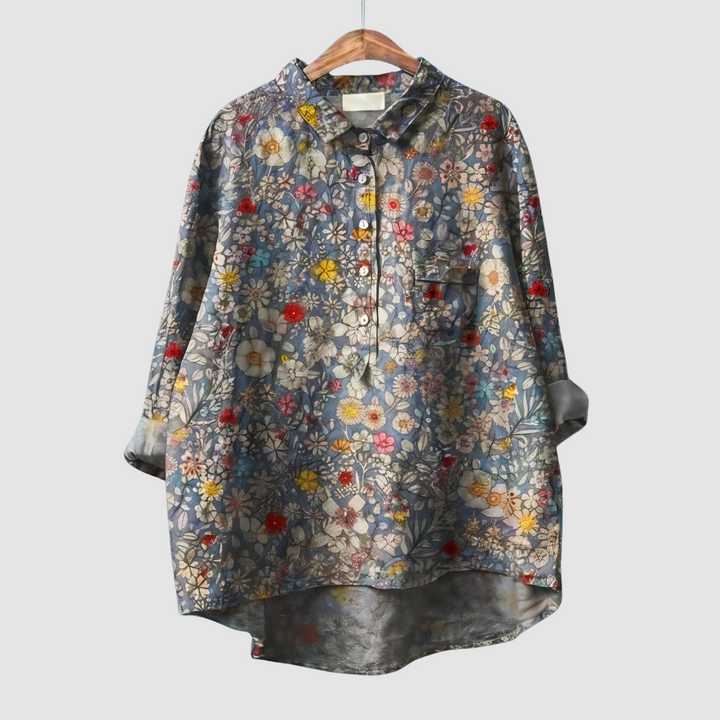 Dark floral print button-up blouse with pointed collar and chest pocket, multicolor blooms