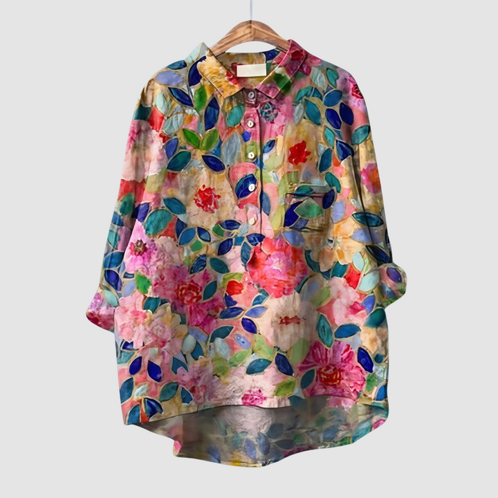 Women's multicolor floral print blouse with button front and collar, long sleeves