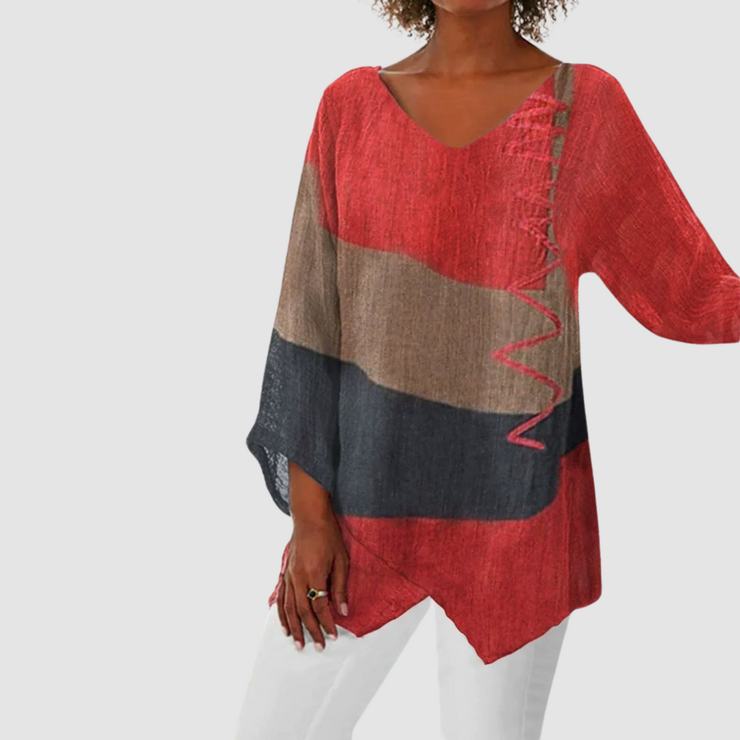 Loose V-neck shirt with red, taupe, and dark charcoal color-block panels
