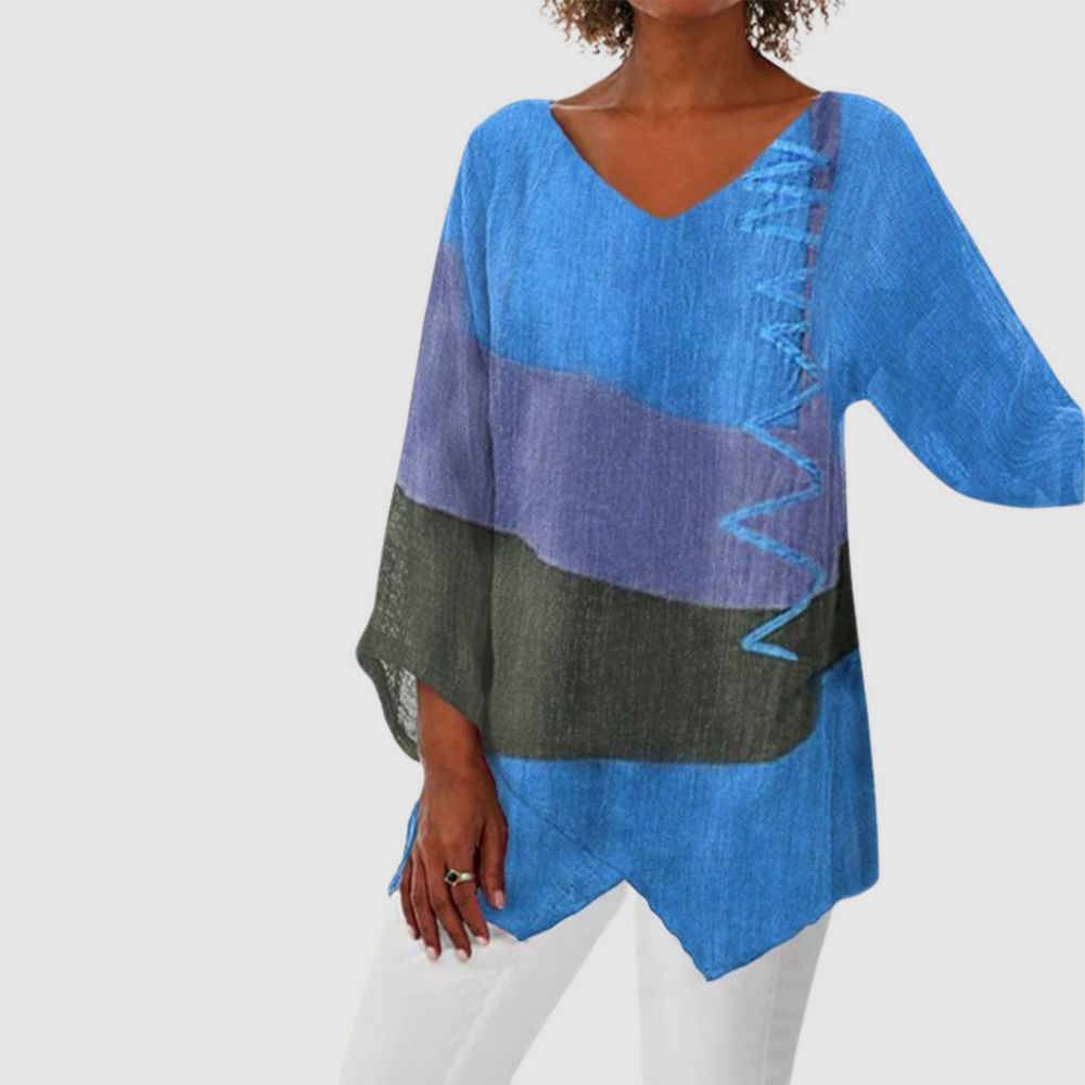 Loose V-neck shirt with blue, lavender, and dark gray-green color-block panels
