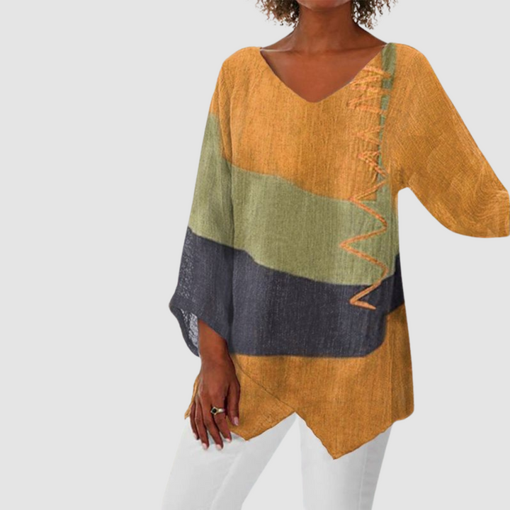 Loose V-neck shirt with tan, olive, and dark charcoal color-block panels