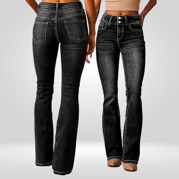 Black high-waist flared jeans shown side-by-side, five-pocket styling