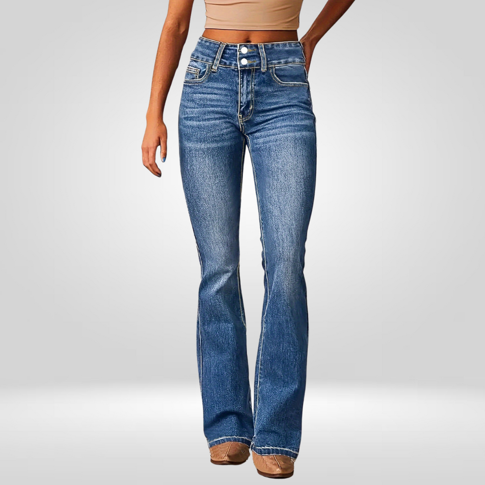 Light blue high-waist flared jeans, front view with belt loops and pockets