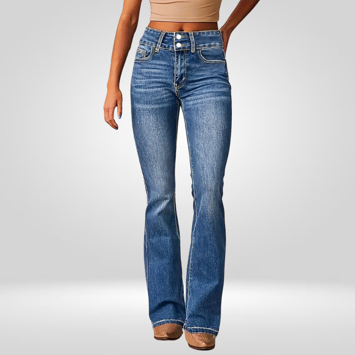 Light blue high-waist flared jeans, front view with belt loops and pockets