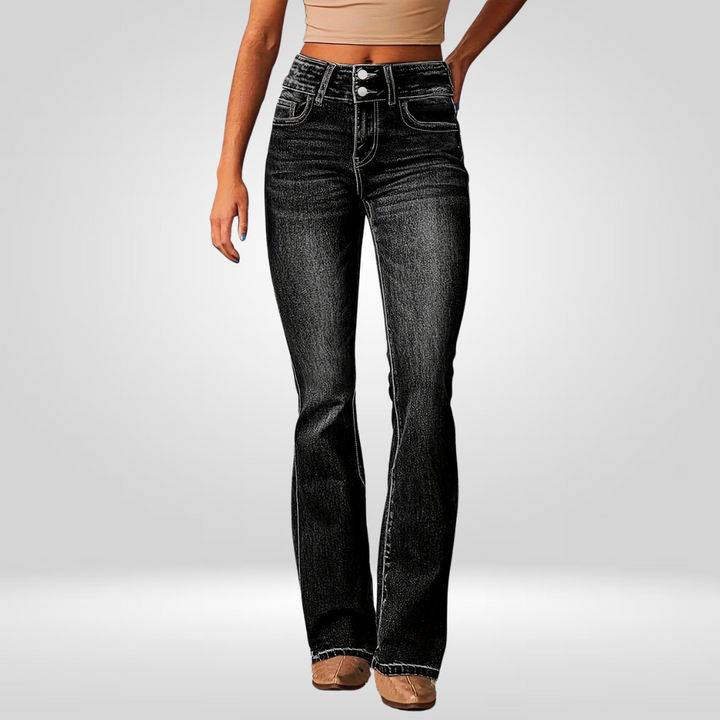 Black high-waist flared jeans with button-and-zip closure and five-pocket styling