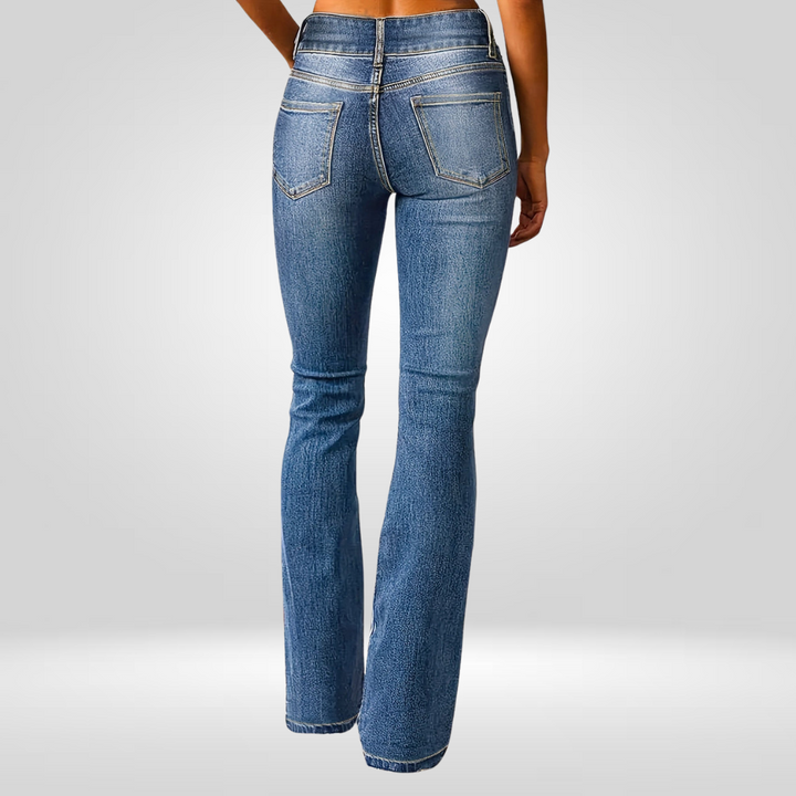 Light blue high-waist flared jeans, back view with yoke and patch pockets