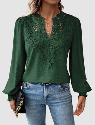 Green lace blouse with V-neck and long puff sleeves