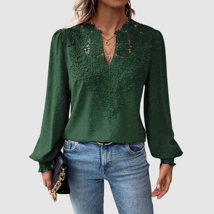 Green lace blouse with V-neck and long puff sleeves