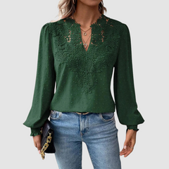 Green luxury lace blouse with V-neck and long bell sleeves, ornate lace yoke trim