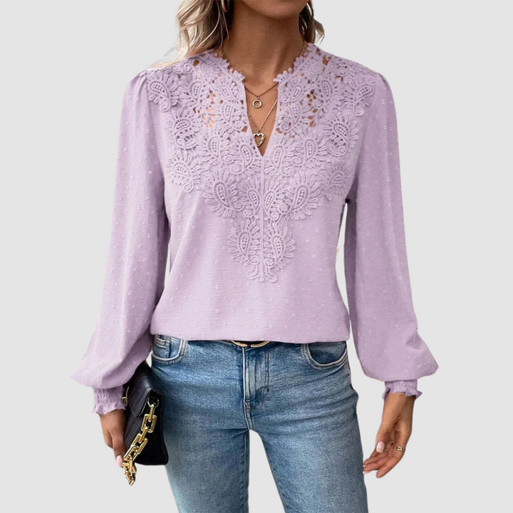 Light purple luxury lace blouse with V-neck and long bell sleeves, ornate lace yoke trim