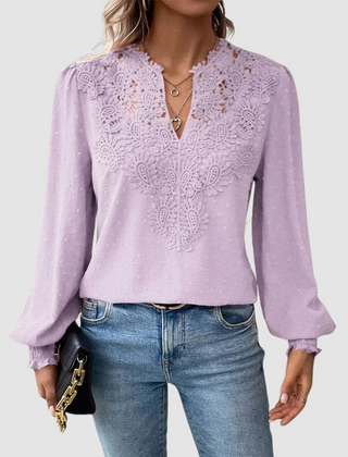 Sondra™ luxury lace blouse with V-neck, long sleeves, light purple floral yoke