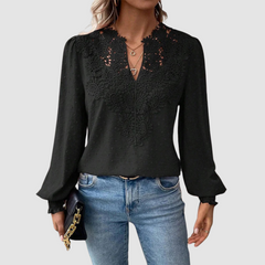 Black lace blouse with V-neck and long puff sleeves