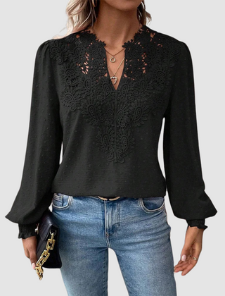 Black luxury lace blouse with V-neck and long bell sleeves, ornate lace yoke trim