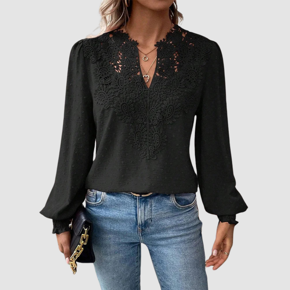 Black luxury lace blouse with V-neck and long bell sleeves, ornate lace yoke trim